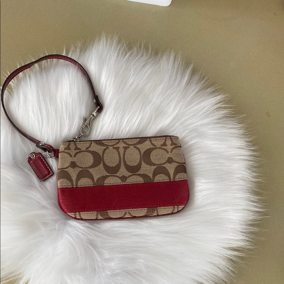 EUC Coach Red and Tan Wristlet with the iconic”C” Signature Monogram - Picture 1 of 10